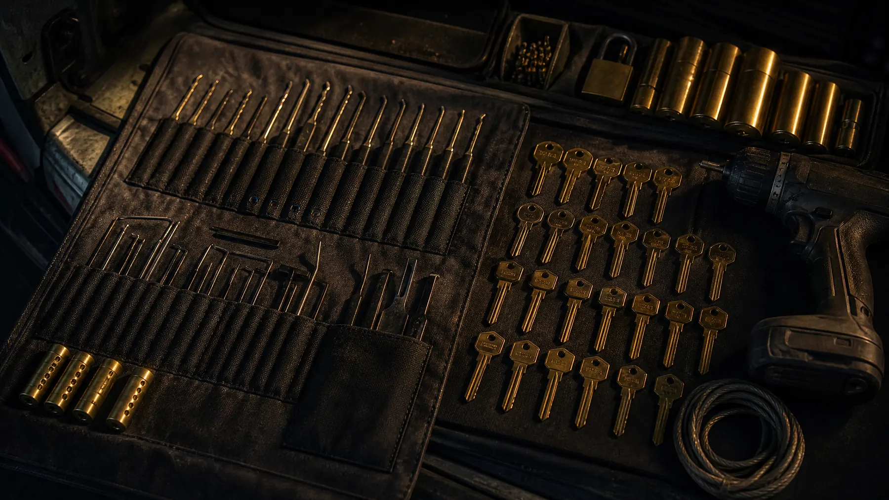 Locksmith tools laid out on a canvas roll in the back of a work van
