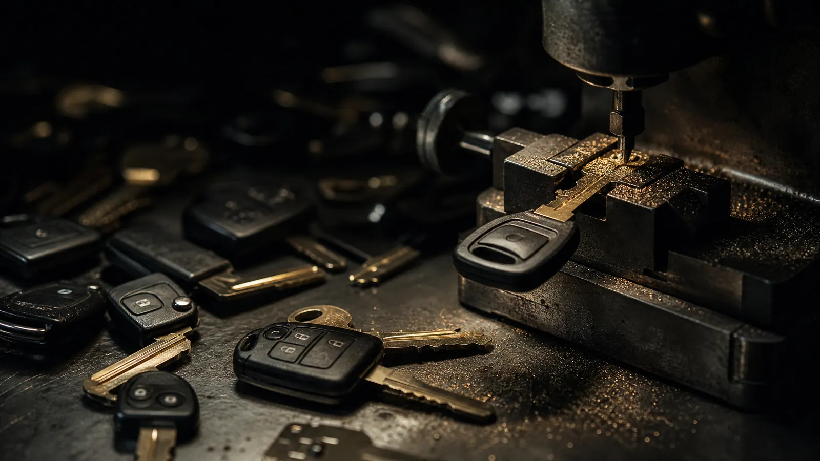 Car key fobs, transponder keys and freshly cut brass blades on a workbench.