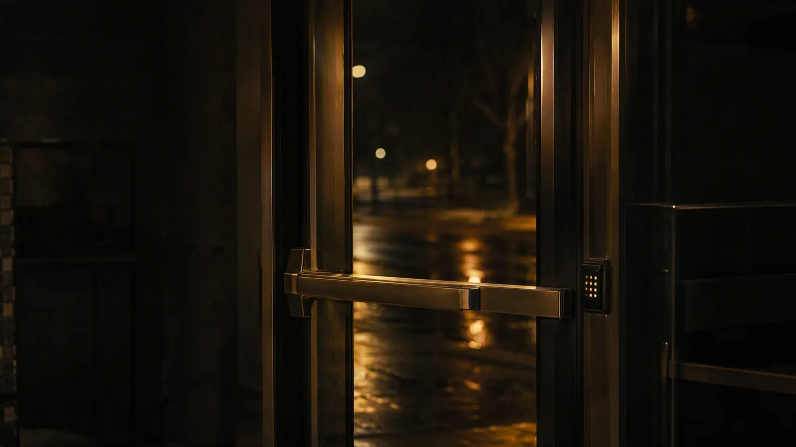 A stainless steel panic bar and access keypad on a commercial glass door at night.
