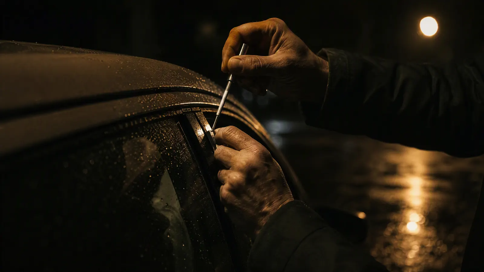 Locksmith hands easing a lockout tool into a car door at night on a wet street
