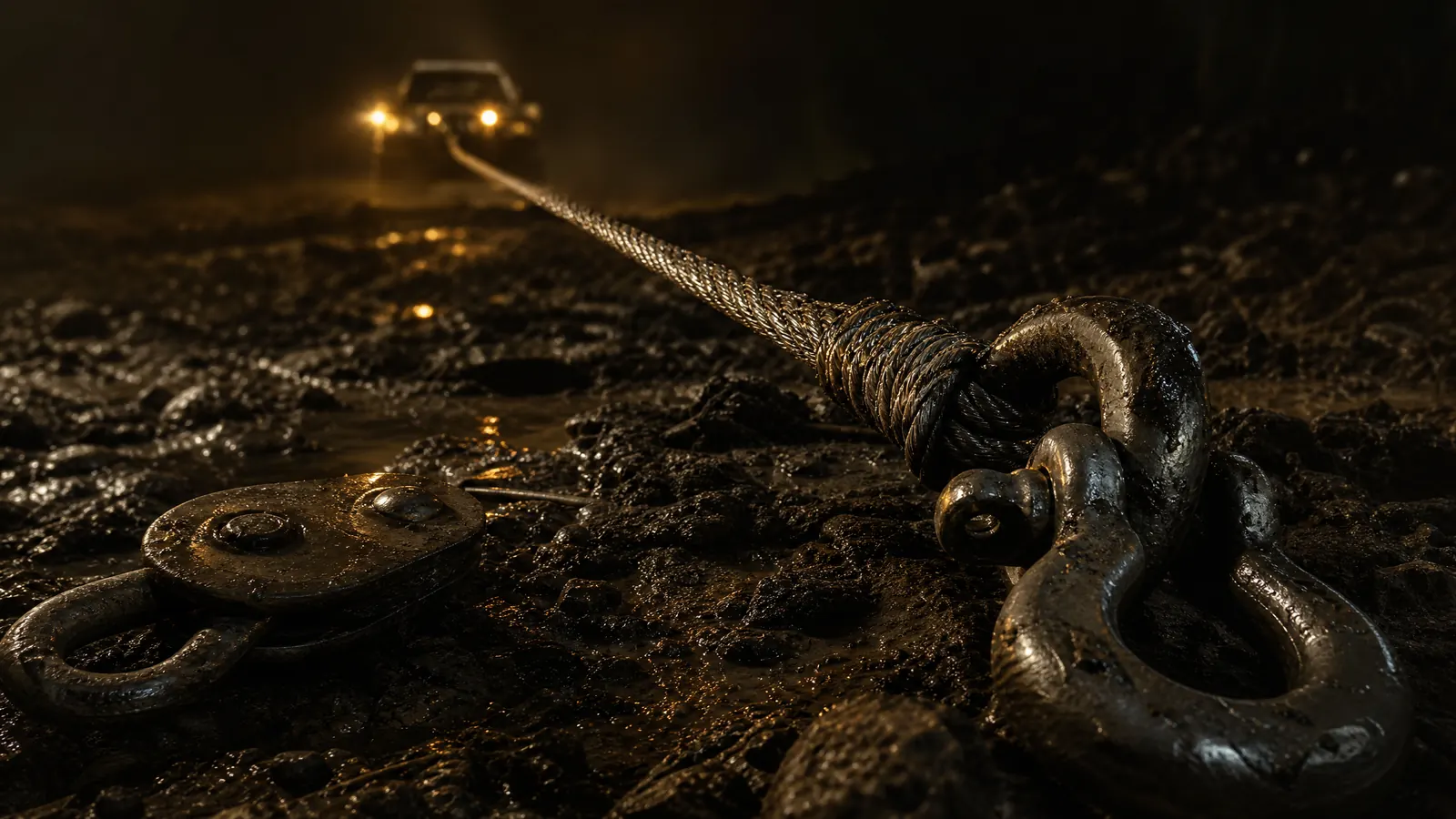 A taut steel winch cable and recovery hook under tension in the dark.