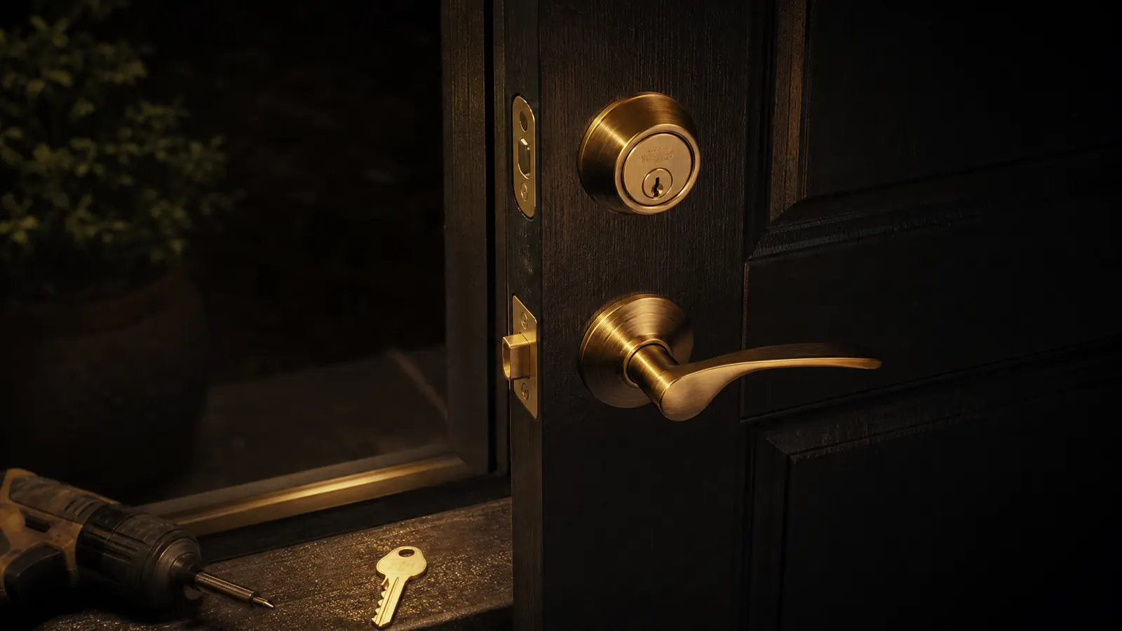 A brass deadbolt and lever handle newly fitted on a dark wooden front door