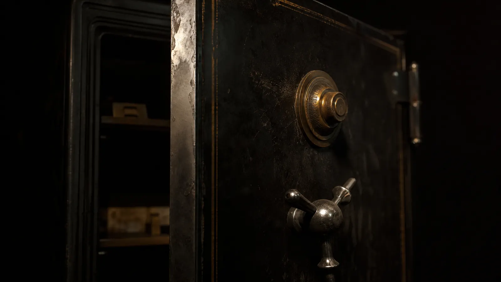 The brass combination dial and chrome handle of a heavy floor safe.