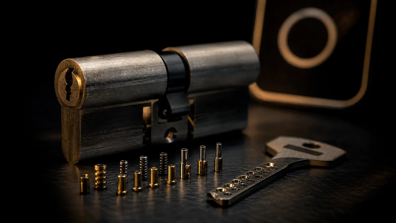 A high-security lock cylinder opened up beside its pins and a dimpled key.