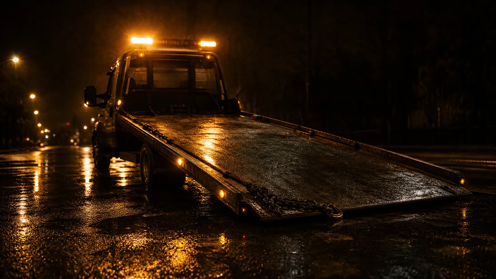 A flatbed tow truck with its deck tilted down on a wet street at night.